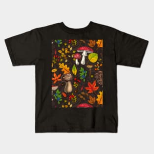 Autumn mushrooms, leaves, nuts and berries on dark brown Kids T-Shirt